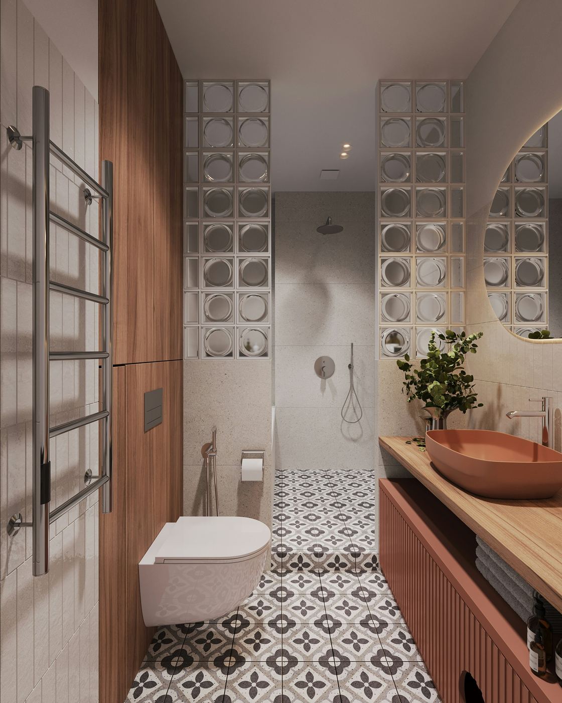 Salle de bain rénovée avec carrelage à motifs